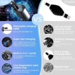 Gadgivent 4-in-1 Retractable 60W Fast Car Charger with Smart Voltage Monitoring & USB Lightning Compatibility